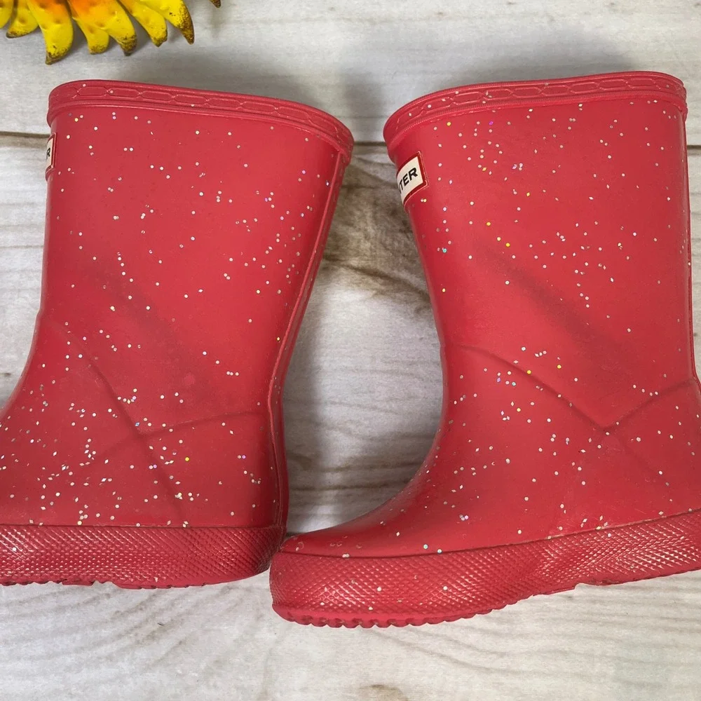 Hunter Kids Pink Glitter Waterproof Rain Boots UK 7 US 8 Toddler Sparkly Boots